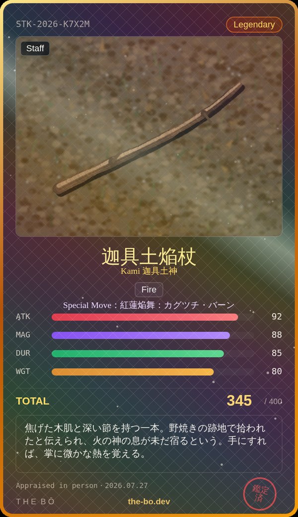 Example certificate: Legendary, total power 345